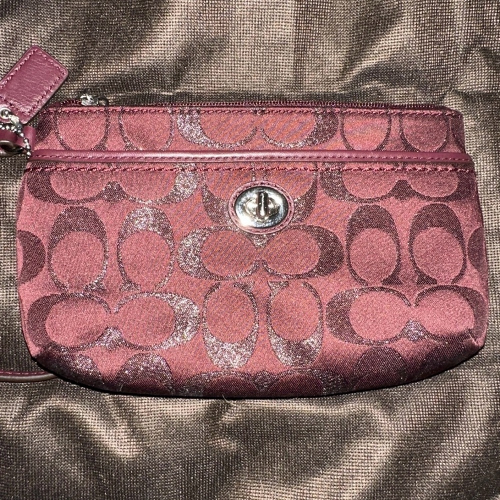 Coach Burgundy Wine Bordeaux & Shiny Silver Wristlet Wrist Bag Coin Purse